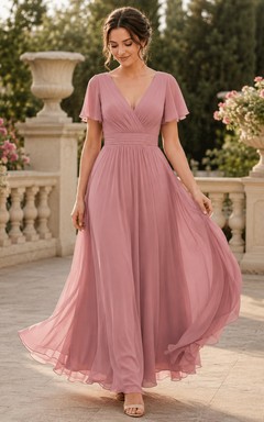 Taupefarbenes, elegantes Satin-Etui-Abendkleid mit V-Ausschnitt und bodenlanger Silhouette