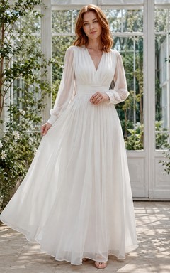White Chiffon V-Neck Long Sleeve A-Line Floor-length Romantic Dress