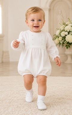 White Smocked Bib Long Sleeve Christening Bubble Romper for Baby Boy