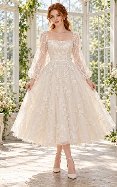 Tea-length Square Neck Long Sleeve Floral Lace A-line Wedding Dress