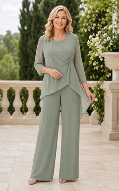 Sage Mother Pantsuit with Asymmetric Draped Top and Wide Leg Pants