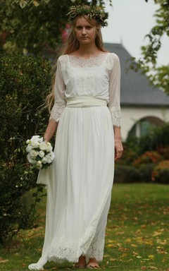 Bateau-Hochzeitskleid mit langen Ärmeln, Spitze und Chiffon, plissiert