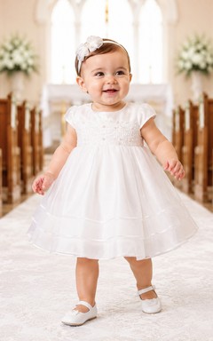 Elegant Church Ceremony Baby Christening A-Line Cap Sleeve Dress Simple Adorable Tulle Lace
