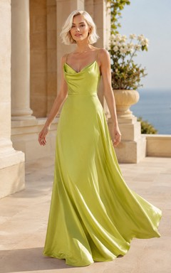 Robe de mariée vert citron à col bénitier et fines bretelles spaghetti en satin, coupe trapèze, robe de mariée trapèze en satin à bretelles spaghetti et col roulé.