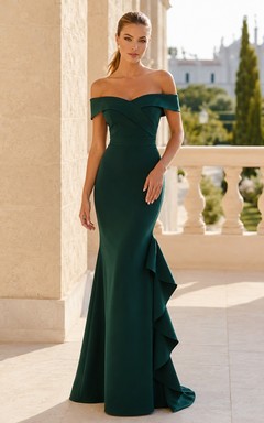 Emerald Off Shoulder Ruffled Mermaid Slit Formal Evening Gown