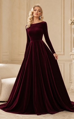 Burgundy Velvet High-Neck Long-Sleeve Ball Gown Formal Dress