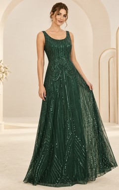 Vestido largo de dama de honor vintage verde oscuro, corte en A, escote redondo, sin mangas, con lentejuelas geométricas