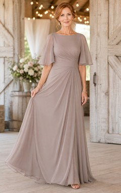 MOB-Kleid, taupefarbener Chiffon, A-Linie, flatternde Ärmel, U-Boot-Ausschnitt, bodenlang, gerafft