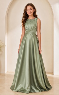 Celadonfarbenes Brautjungfernkleid in A-Linie mit Schmucksteinen und U-Boot-Ausschnitt, ärmellos, elegant, aus Satin