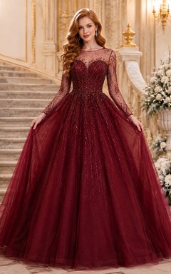 Burgunderfarbenes, bodenlanges Ballkleid aus Spitze und Tüll mit Rundhalsausschnitt, langen Ärmeln und elegantem Schnitt – perfekt für festliche Wintertage