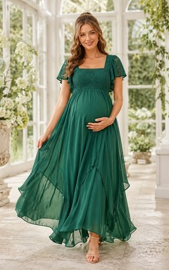 Emerald Square Neck Short Sleeve Empire Maternity Maxi Dress
