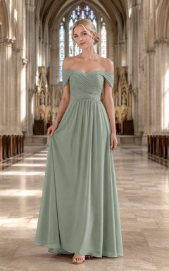 Cathedral Ceremony Formal Sage Romantic Elegant A-Line Chiffon Bridesmaid Dress with Off Shoulder Sweetheart Short Sleeve Floor-Length Low Back