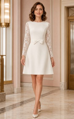 Vintage Bateau Long Illusion Lace Sleeve Satin A-Line Mini Bow Wedding Dress