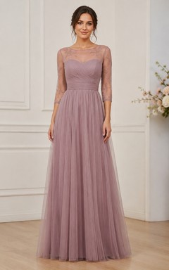 Dusty Rose 3/4 Sleeve Lace Tulle Bridesmaid Dress