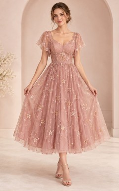 Dusty Rose V-neck Star Embroidered Flutter Sleeve Party Dress