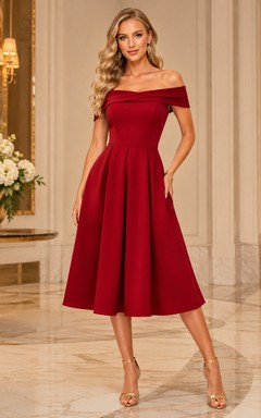 Teelanges rotes schulterfreies A-Linien-Cocktailkleid aus Satin