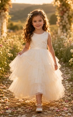 Flower Girl Dress Ivory Lace Tulle A-Line Scoop Neck Tea Length