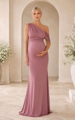 Vestido de maternidad largo hasta el suelo, estilo sirena, de satén drapeado, jersey elástico color malva vintage, un solo hombro y sin mangas.