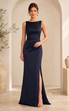 Dark Navy Bateau Slit Sheath Formal Dress