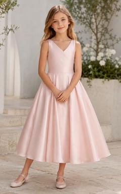 Flower Girl Dress Ivory Satin A-Line Square Neck Tea Length Bow Detail