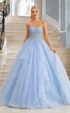 Corsé azul cielo, sin tirantes, escote corazón, tul, volantes en cascada, vestido de gala largo hasta el suelo, etéreo, quinceañera, graduación