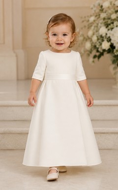 Vestido minimalista y modesto para ceremonia de bautizo de bebé, corte en A, largo hasta los tobillos, cuello joya, manga corta, satén, lazo en la espalda, botones en la espalda.