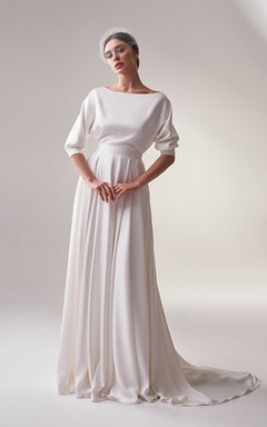 Schlichtes Chiffon-Hochzeitskleid mit Rundhalsausschnitt und halben Ärmeln