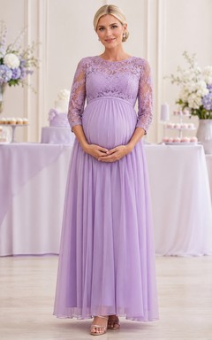 Spitzenkleid „Keepsake“ in Lavendel, Empire-Stil, bodenlang, U-Boot-Ausschnitt, Dreiviertelärmel, Chiffon, schlichtes Umstandskleid