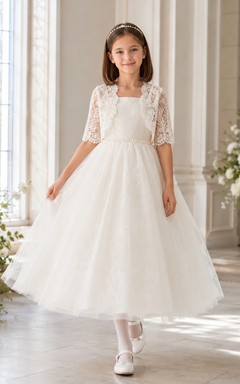 Bolero de encaje blanco, vestido de tul hasta el tobillo para primera comunión o damita de honor.