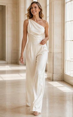 Elegant Second Look Satin One Shoulder Draped Wide Leg Wedding Jumpsuit