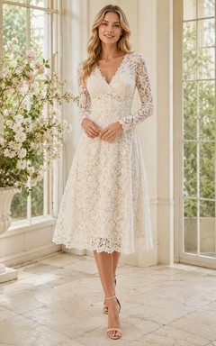 Ivory V-Neck Long Illusion Sleeve Lace A-Line Tea Dress Garden