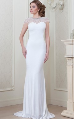 Sheath Floor-Length Scoop-Neck Cap-Sleeve Beaded Jersey Evening Dress
