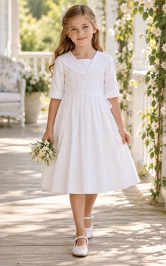 Vintage Tea-length White Sailor Collar Half Sleeve Cotton Flower Girl Dress