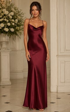 Burgundy Cowl Neck Satin Sheath Bridesmaid Dress