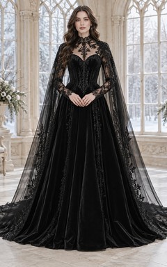 Vestido de novia gótico de invierno negro de cuello alto, manga larga, encaje y terciopelo con capa