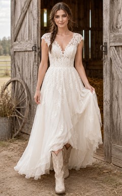 Boho V-Neck A-Line Bridal Gown with Cap Sleeves and Lace Split Skirt Romantic Bohemian Tulle
