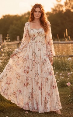Kleid aus Chiffon im Boho-Stil mit bodenlangem A-Linien-Schnitt, eckigem Ausschnitt und Blumenmuster in Altrosa-Rosen-Rosen-Optik