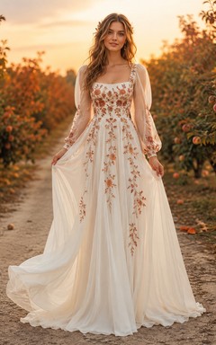 Autumn Burnt Orange Floral Tulle A-Line Wedding Dress
