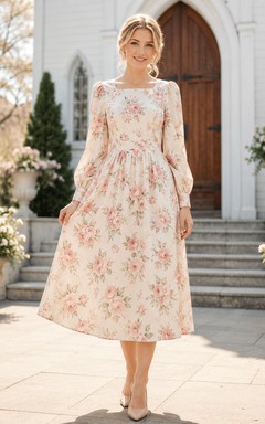 Cream Blush Floral Long Sleeve Modest A Line Midi Dress