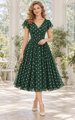 Vintage Teelanges grünes V-Ausschnitt-Abendkleid mit flatternden Ärmeln und Polka-Dots