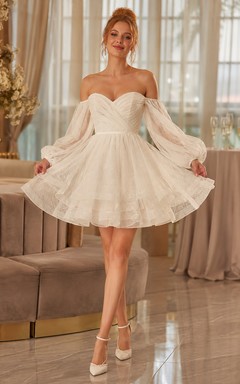 Short Off-Shoulder Balloon Sleeve Tulle Bridal Mini Dress