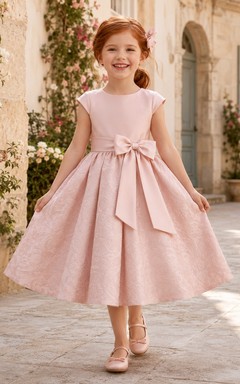 Blumenmädchenkleid aus rosafarbenem Satin, A-Linie, kurze Ärmel, Rundhalsausschnitt, Teelänge, Schleifendetail