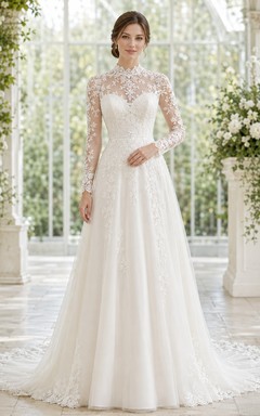 Vestido de novia de encaje con cuello alto, corte en A y cola larga, de manga larga.