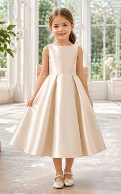 Flower Girl Dress Ivory Satin A-Line Square Neck Tea Length Bow Detail