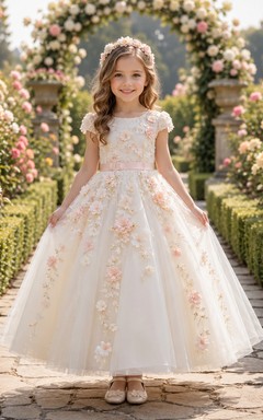 Robe longue de luxe trapèze pour demoiselle d'honneur, ornée de dentelle florale et d'appliqués en tulle, col montant, style champêtre.