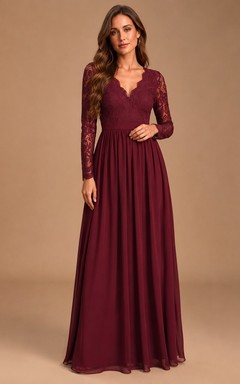 Burgundy Lace Long Sleeve A-Line V-Neck Floor Length Formal Evening Gown
