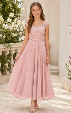 Romantisches, rosafarbenes Brautjungfernkleid für junge Frauen, A-Linie, V-Ausschnitt, kurze Ärmel, Spitze