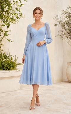 Sky Blue Sweetheart Long Balloon Sleeve Chiffon A-Line Midi Dress