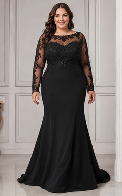 Robe de soirée grande taille sirène en dentelle, décolleté bateau, manches longues et perles de dentelle, longueur au sol