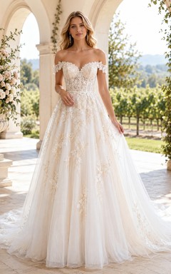 Champagnerfarbenes A-Linien-Brautkleid aus Spitze mit schulterfreiem Ausschnitt, kurzen Ärmeln und Kapellenschleppe